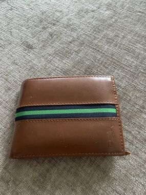 Polo by Ralph Lauren Brown Leather Card & Key Holder with Green and Navy Stripe